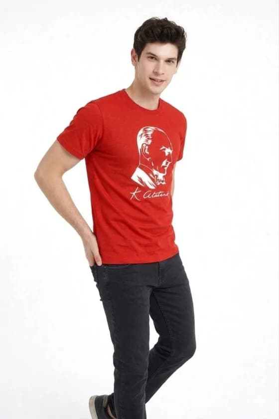 Erkek Atatürk Baskılı Tişört Kısa Kollu Bisiklet Yaka T-Shirt - Kırmızı — görsel 1/3