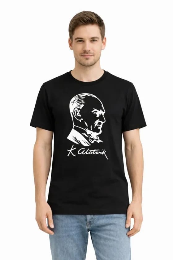 Erkek Atatürk Baskılı Tişört Kısa Kollu Bisiklet Yaka T-Shirt - Siyah — görsel 1/3
