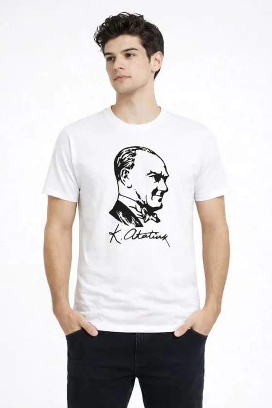 Erkek Atatürk Baskılı Tişört Kısa Kollu Bisiklet Yaka T-Shirt - Beyaz — görsel 1/3