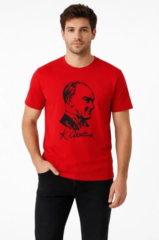 Erkek Atatürk Baskılı Tişört Kısa Kollu Bisiklet Yaka T-Shirt - Kırmızı — görsel 1/3