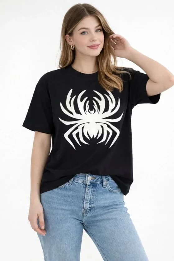 Örümcek Baskılı Tişört Kısa Kollu Bisiklet Yaka T-Shirt - Siyah — görsel 1/3
