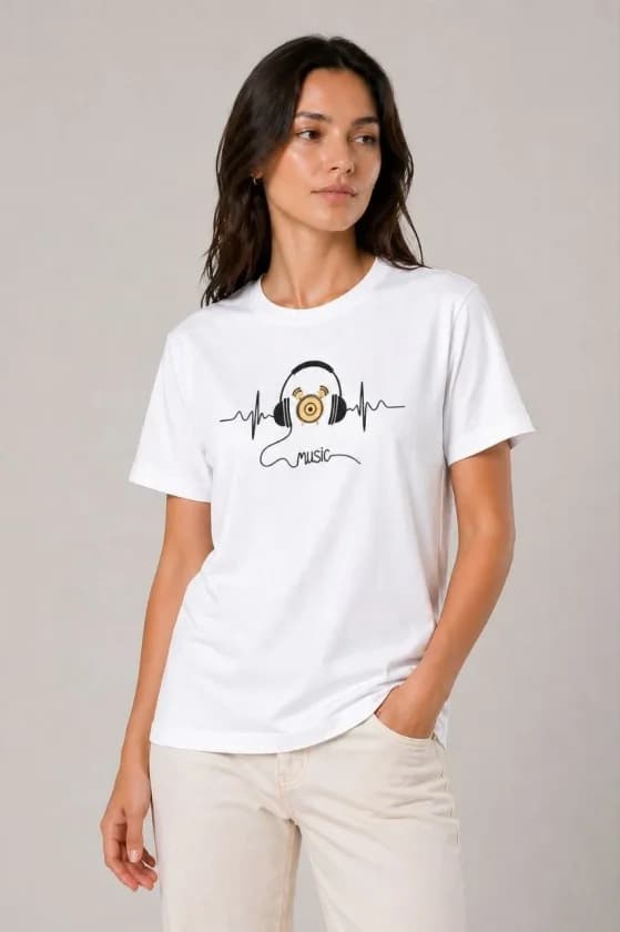 Müzik Temalı Baskılı Tişört Bisiklet Yaka Kısa Kol T-Shirt - Beyaz — görsel 1/3