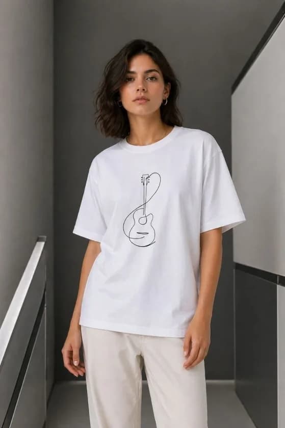 Minimal Gitar Baskılı Tişört T-Shirt Yazlık Kısa Kol Bisiklet Yaka T-Shirt - Beyaz — görsel 1/3