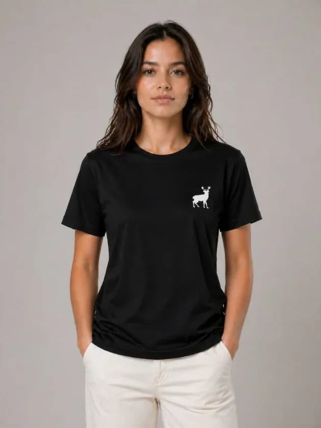 Minimal Geyik Logolu Tişört Bisiklet Yaka Kısa Kol Yazlık T-Shirt - Siyah — görsel 1/4