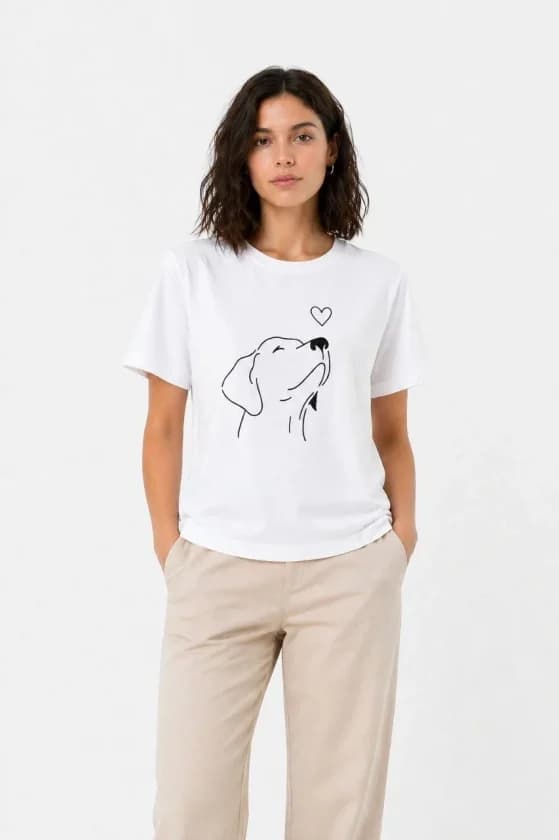 Köpek Figürlü Minimal Baskılı Tişört Kısa Kol Yazlık T-Shirt - Beyaz — görsel 1/4
