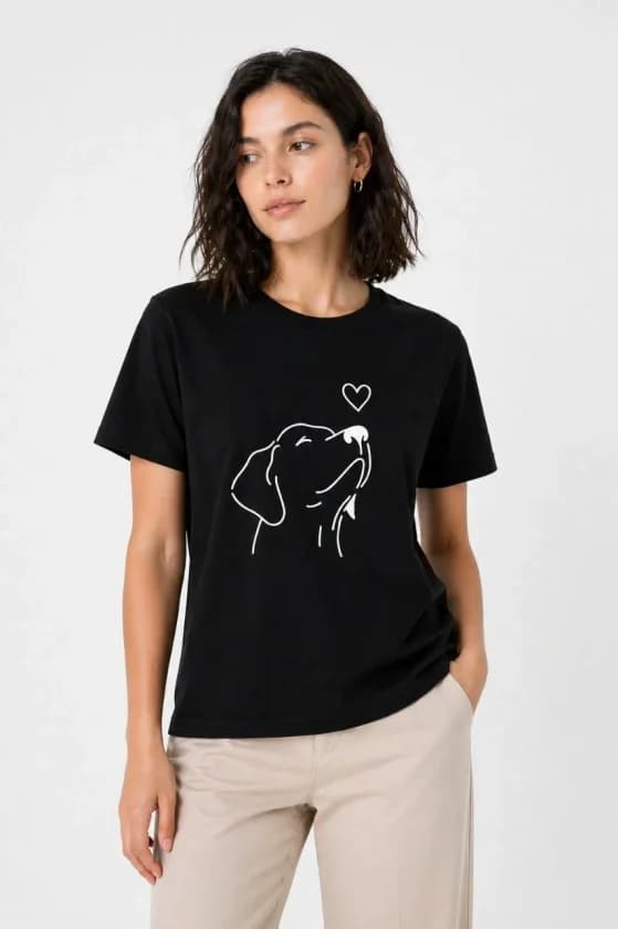 Köpek Figürlü Minimal Baskılı Tişört Kısa Kol Yazlık T-Shirt - Siyah — görsel 1/4