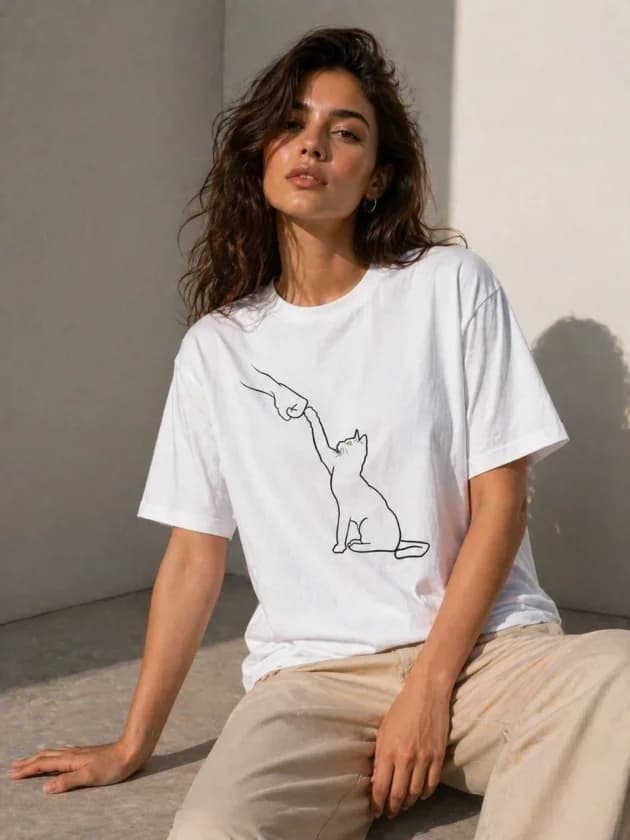 Minimal Kedi Çizim Baskılı Tişört Kısa Kol Yazlık T-Shirt - Beyaz — görsel 1/4