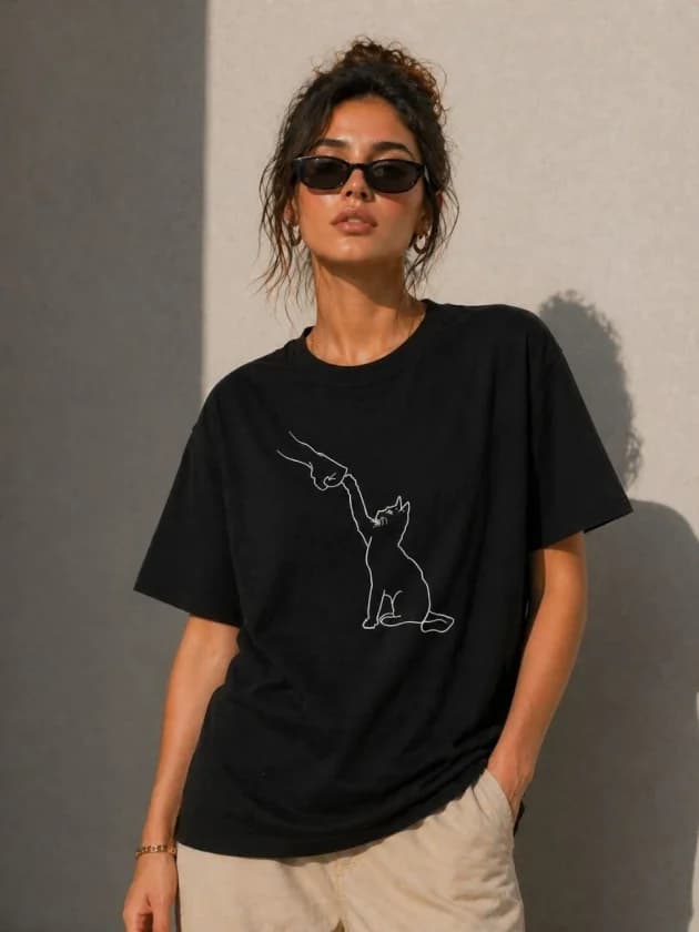 Minimal Kedi Çizim Baskılı Tişört Kısa Kol Yazlık T-Shirt - Siyah — görsel 1/4