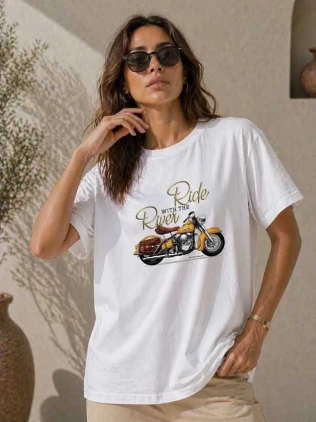 Motosiklet Baskılı Tişört Bisiklet Yaka Kısa Kol Yazlık T-Shirt - Beyaz — görsel 1/4