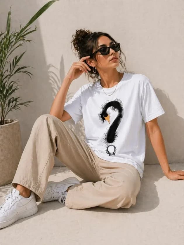 Kuğu Figürlü Soru İşareti Baskılı Tişört Kısa Kol T-Shirt - Beyaz — görsel 1/3