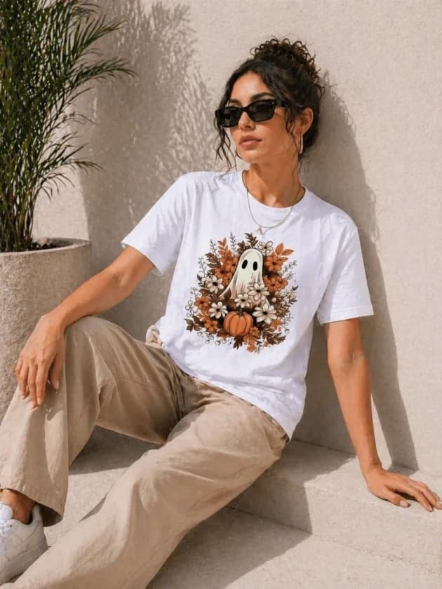 Balkabağı Hayalet Baskılı Tişört Kısa Kol Yazlık T-Shirt - Beyaz — görsel 1/3