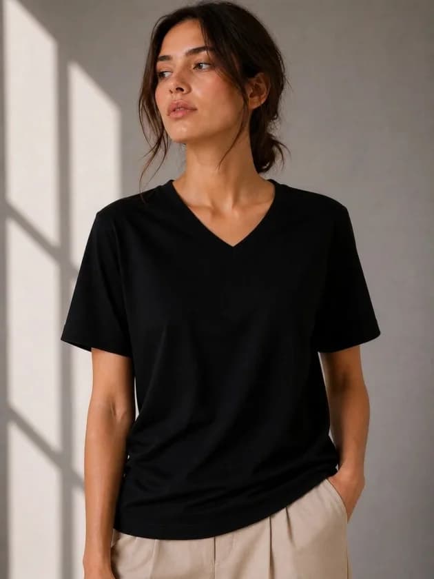 V Yaka Basic Tişört Kısa Kol Yazlık Regular Fit T-Shirt - Siyah — görsel 1/4
