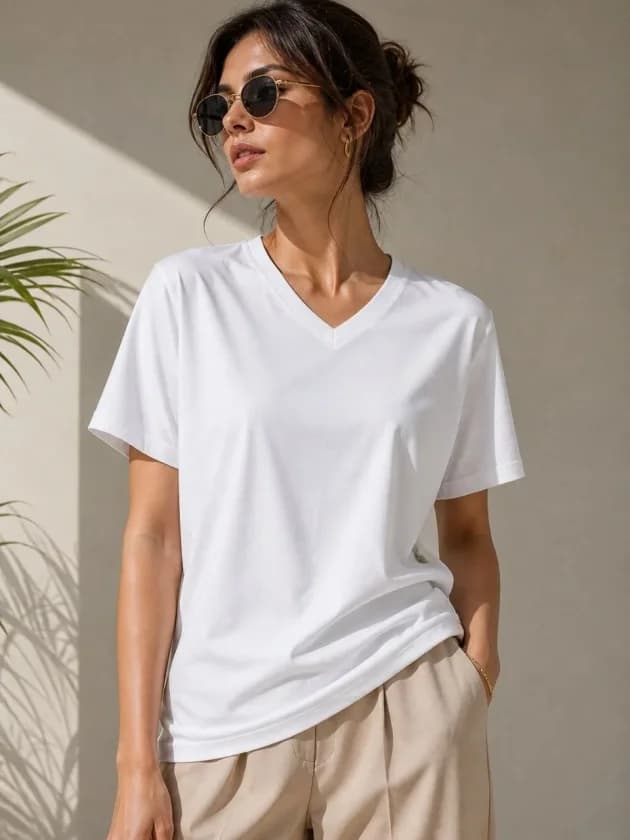 V Yaka Basic Tişört Kısa Kol Yazlık Regular Fit T-Shirt - Beyaz — görsel 1/4
