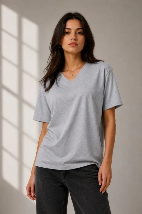 V Yaka Basic Tişört Kısa Kol Yazlık Regular Fit T-Shirt - Gri — görsel 1/3