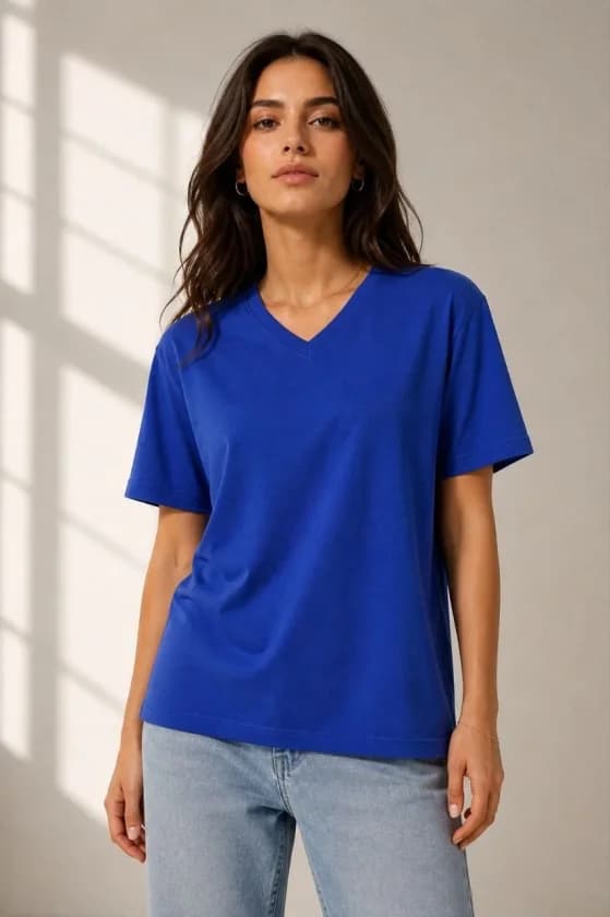 V Yaka Basic Tişört Kısa Kol Yazlık Regular Fit T-Shirt - Saks Mavisi — görsel 1/3
