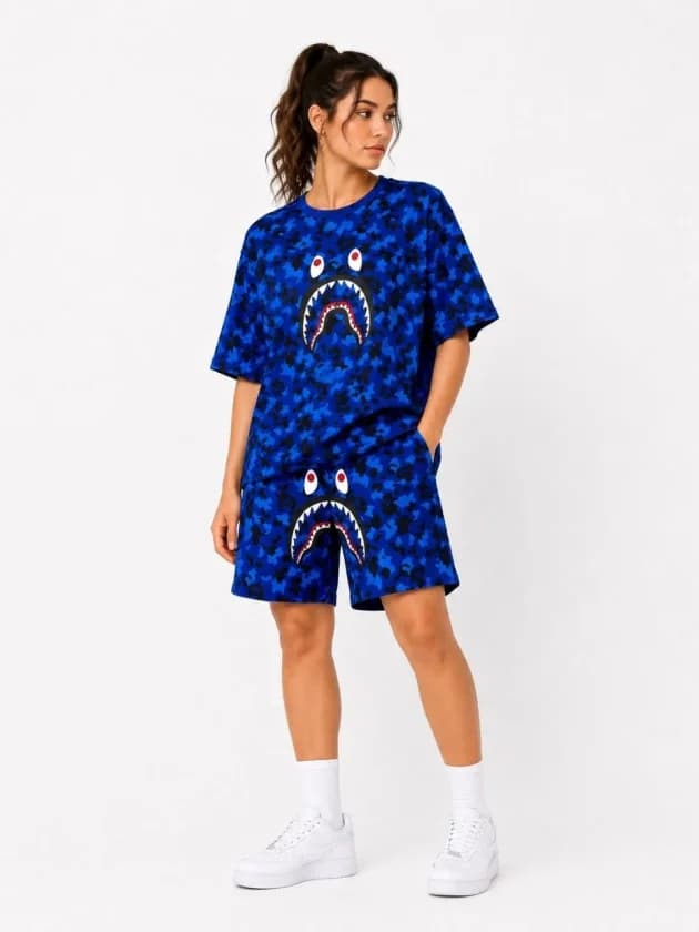 Oversize Kalıp Pubg Bape X Shark Nakışlı Cepli Şort Takım - Mavi — görsel 1/3