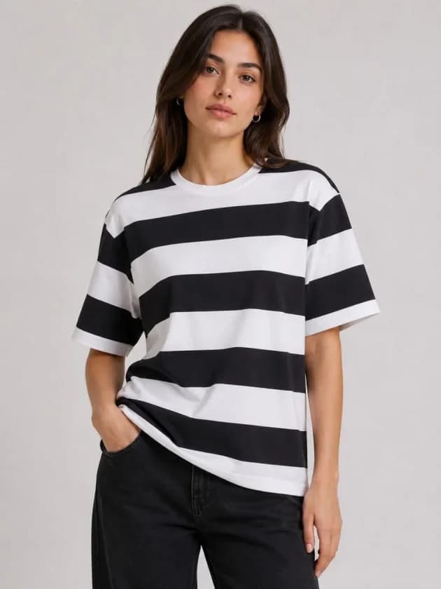 Çizgili Oversize Tişört Bisiklet Yaka Kısa Kol Yazlık T-Shirt - Siyah — görsel 1/3