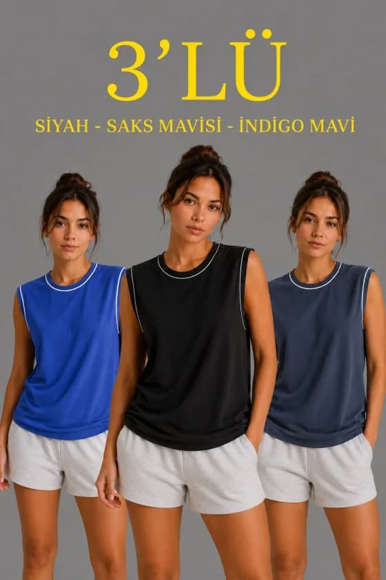 3’lü Kolsuz Sporcu Atlet Seti Yazlık Bisiklet Yaka - Siyah, Saks Mavisi, İndigo — görsel 1/4