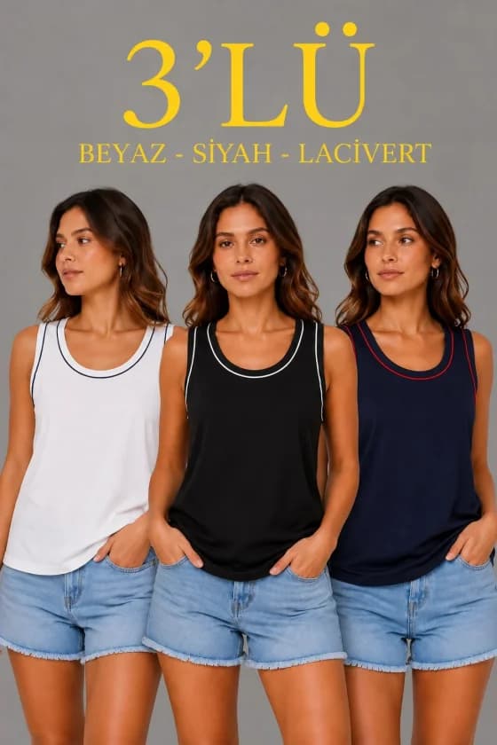 3’lü Kolsuz Sporcu Atlet Seti Yazlık Bisiklet Yakalı - Siyah, Lacivert, Beyaz — görsel 1/4