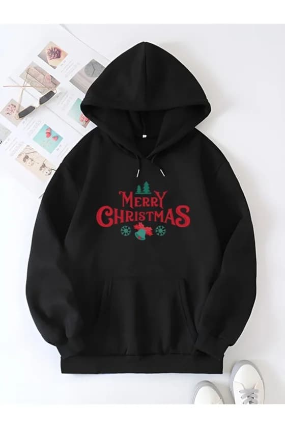 Yılbaşı Merry Christmas Baskılı Oversize Kapüşonlu Sweatshirt Hoodie - Siyah — görsel 1/2