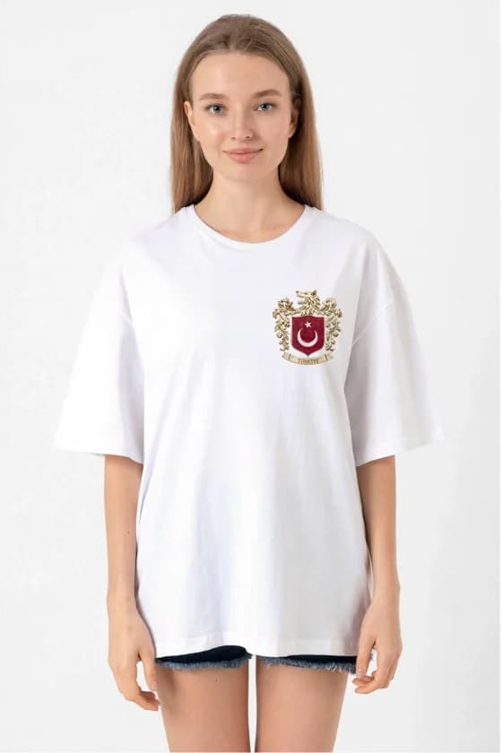 Türk Arma Baskılı Oversize Bisiklet Yaka Günlük T-shirt - Beyaz — görsel 1/1