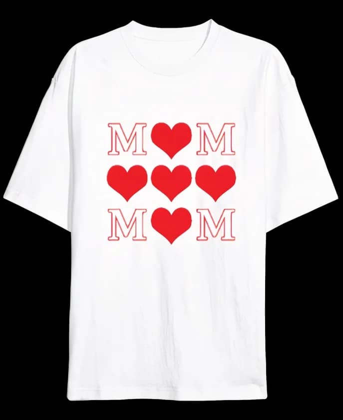 Anneler Günü Hediye MOM Kalp Baskılı Oversize Bisiklet Yaka T-shirt - Beyaz — görsel 1/1