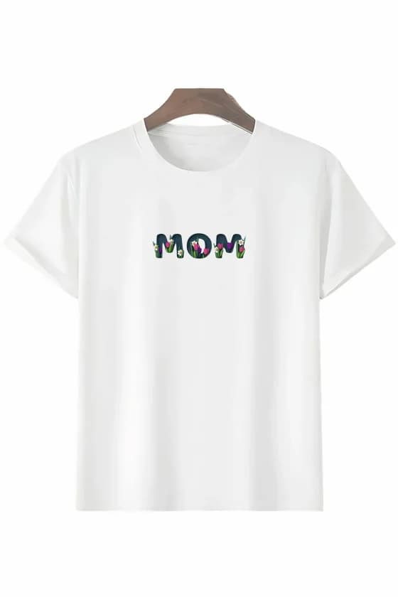 Anneler Günü Hediye Mom Çiçek Baskılı Oversize Bisiklet Yaka T-shirt - Beyaz — görsel 1/1