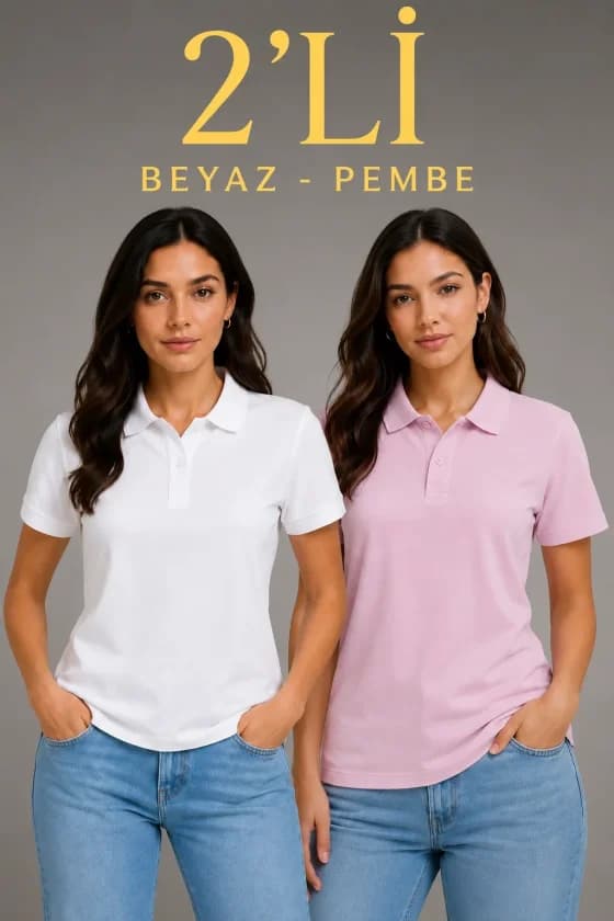 2li Polo Yaka Pike Kumaş Düğmeli Basic Tişört Günlük Rahat Kesim - Beyaz, Pembe — görsel 1/4