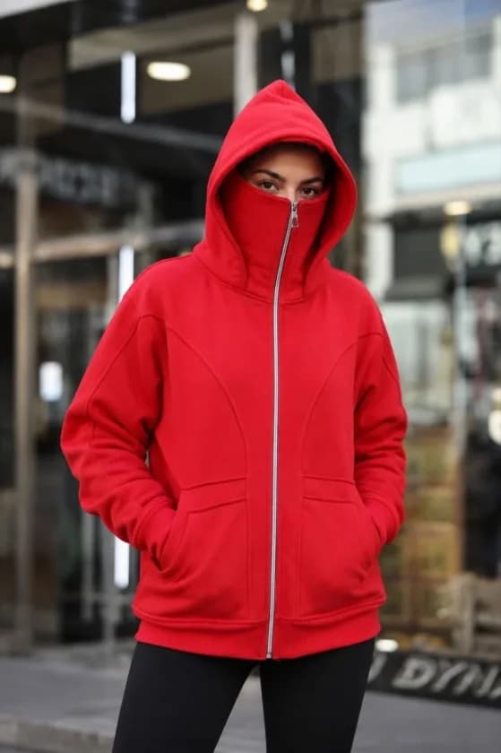 Maskeli Ninja Model Çift Kapüşonlu 3 İplik Şardonlu Fermuarlı Oversize Sweatshirt - Kırmızı — görsel 1/4