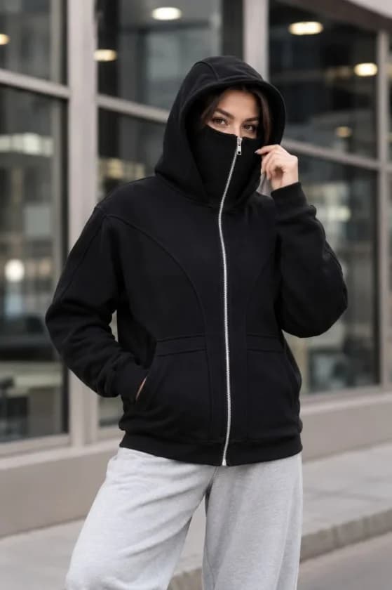Maskeli Ninja Model Çift Kapüşonlu 3 İplik Şardonlu Fermuarlı Oversize Sweatshirt - Siyah — görsel 1/4