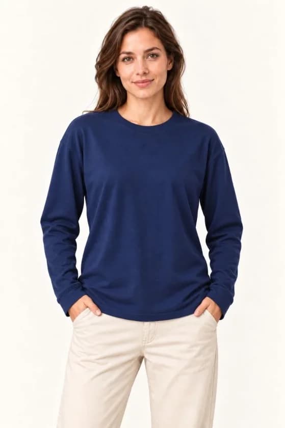 Modal Yumuşak Dokulu Bisiklet Yaka Uzun Kollu Tişört Sweatshirt - Lacivert — görsel 1/3