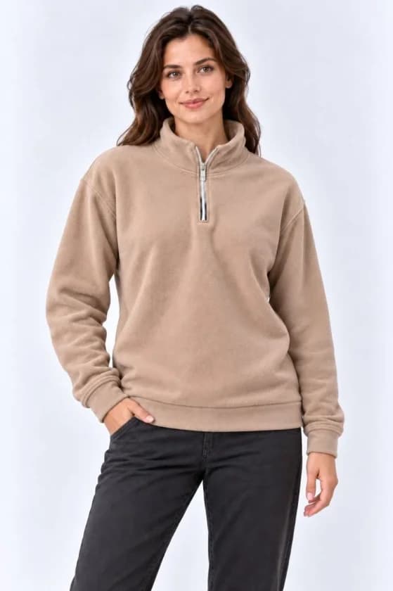 Polar Dik Yaka Yarım Fermuarlı Uzun Kollu Regular Fit Kışlık Sweatshirt - Bej — görsel 1/3