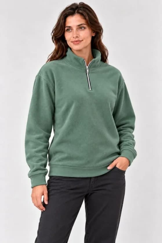 Polar Dik Yaka Yarım Fermuarlı Uzun Kollu Regular Fit Kışlık Sweatshirt - Mint Yeşili — görsel 1/3