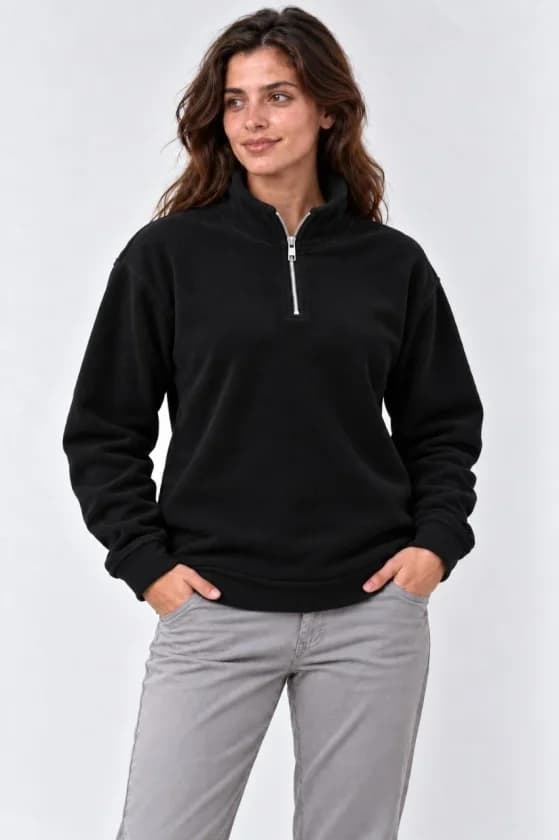 Polar Dik Yaka Yarım Fermuarlı Uzun Kollu Regular Fit Kışlık Sweatshirt - Siyah — görsel 1/3