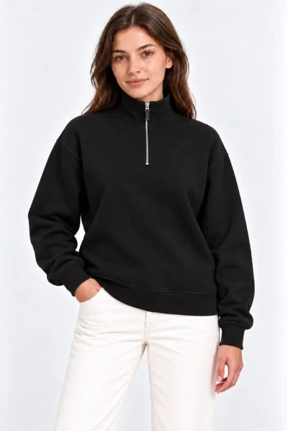 Üç İplik İçi Şardonlu Dik Yaka Yarım Fermuarlı Kışlık Sweatshirt - Siyah — görsel 1/4