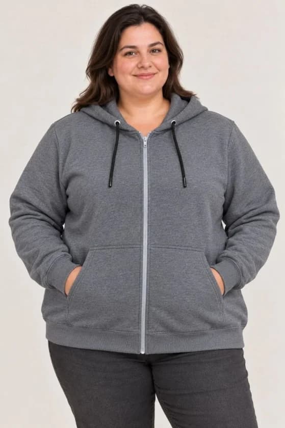 Battal Büyük Beden Üç İplik İçi Şardonlu Kapüşonlu Tam Fermuarlı Kışlık Sweatshirt - Füme — görsel 1/4