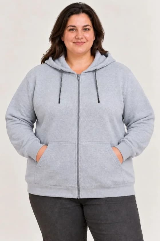 Battal Büyük Beden Üç İplik İçi Şardonlu Kapüşonlu Tam Fermuarlı Kışlık Sweatshirt - Gri