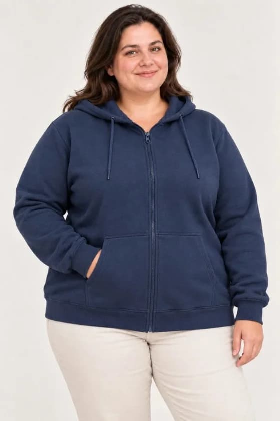 Battal Büyük Beden Üç İplik İçi Şardonlu Kapüşonlu Tam Fermuarlı Kışlık Sweatshirt - Lacivert — görsel 1/4