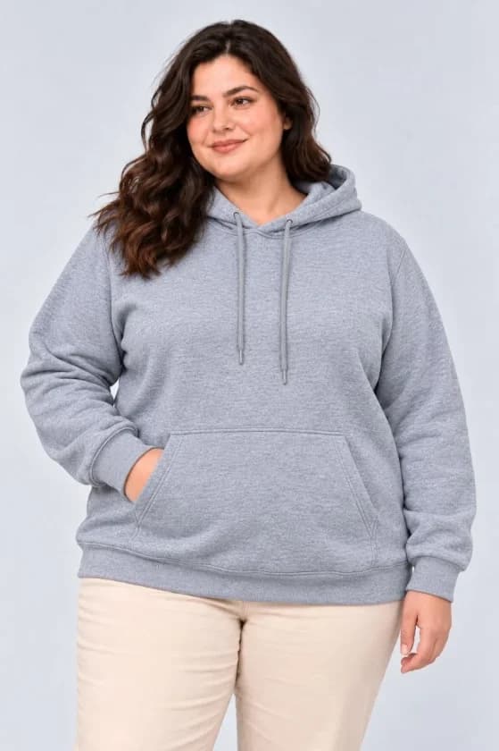 Battal Büyük Beden Üç İplik İçi Şardonlu Kapüşonlu Kanguru Cepli Kışlık Sweatshirt - Gri — görsel 1/3