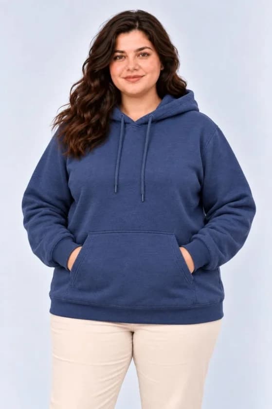 Battal Büyük Beden Üç İplik İçi Şardonlu Kapüşonlu Kanguru Cepli Kışlık Sweatshirt - Lacivert — görsel 1/3