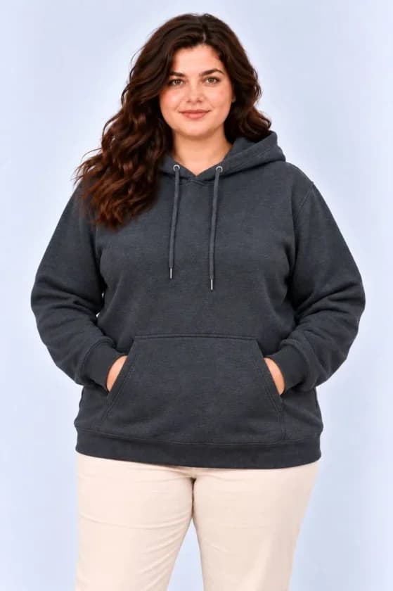 Battal Büyük Beden Üç İplik İçi Şardonlu Kapüşonlu Kanguru Cepli Kışlık Sweatshirt - Füme — görsel 1/3