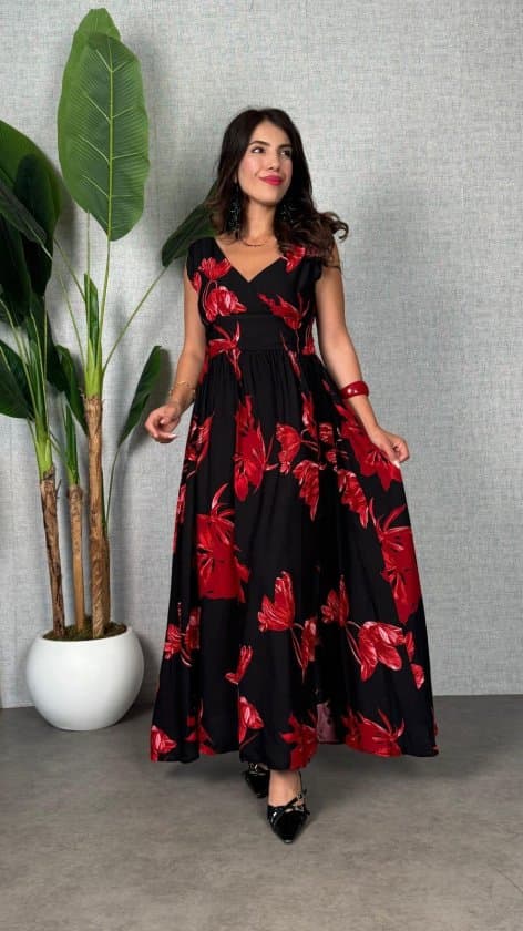 Kadın Askılı Kruvaze Yakalı Geniş Kesim Detaylı Yırtmaclı Uzun Süprem Elbise — görsel 1/8