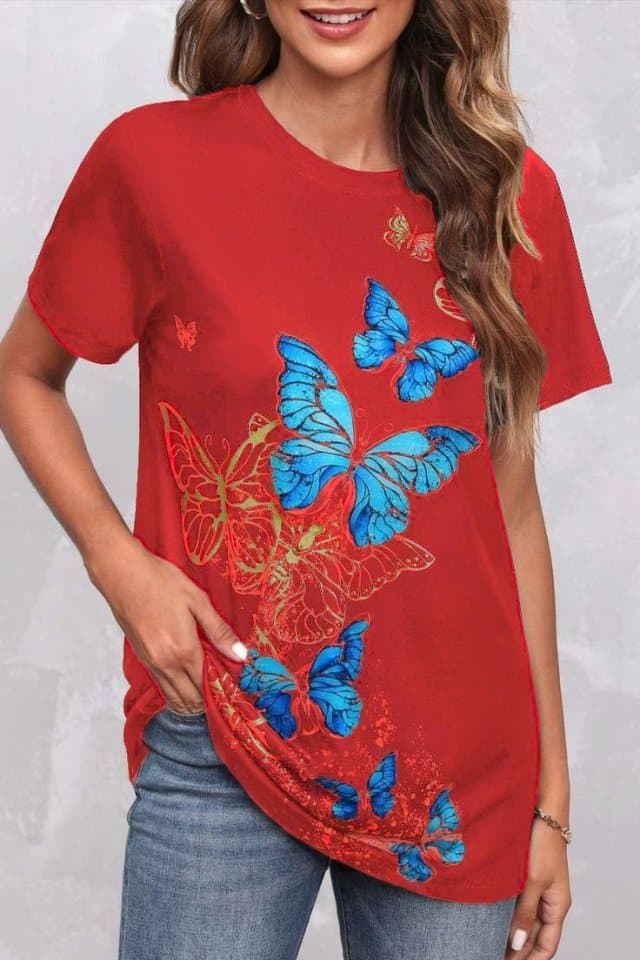 Kadın Kısa Kollu Mavi Sarı Kelebek Baskı Süprem T-shirt — görsel 1/5