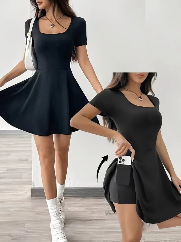 Kadın Kısa Kollu Kare Yaka Short Detaylı Cepli Dalgıç Elbise — görsel 1/8