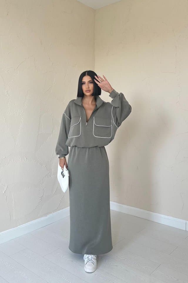 Haki Biyeli Sweatshirt Ve Etek Takım — görsel 1/4