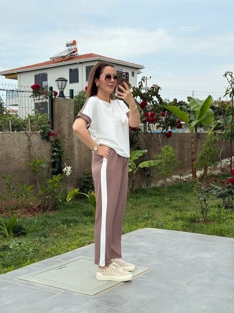 Kadın Modal Dokulu Kumaş Yanı şeritli Takım