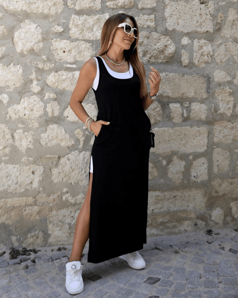 Kadın Yırtmaç Detaylı Viskon Kumaş Maxi Boy Cepli Iç Dahil Ikili Elbise — görsel 1/11