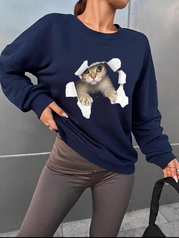 Kadın Uzun Kollu Bisiklet Yaka Kedi Desenli Viskon Iki Iplik Bluz — görsel 1/2