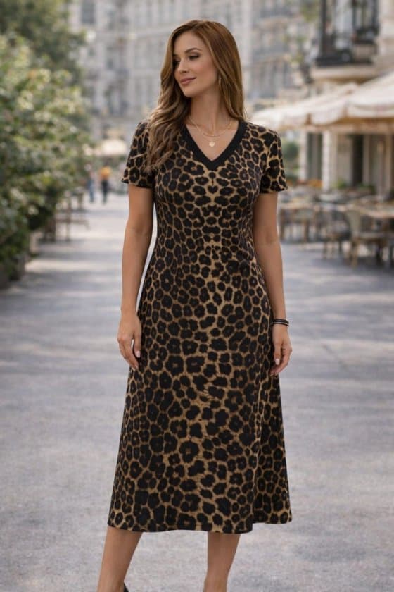 Kadın Kısa Kollu V Yakalı Leopar Desenli Kısa Süprem Elbise — görsel 1/4