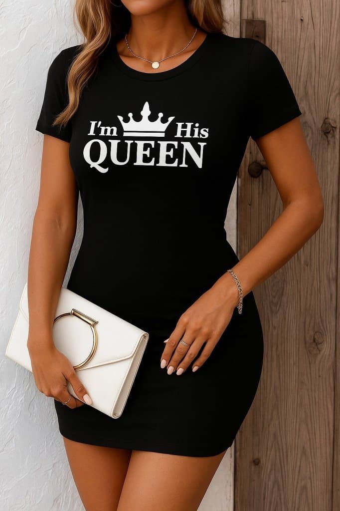 Kadın Kısa Kollu Queen Baskı Iki Iplik Mini Elbise — görsel 1/4